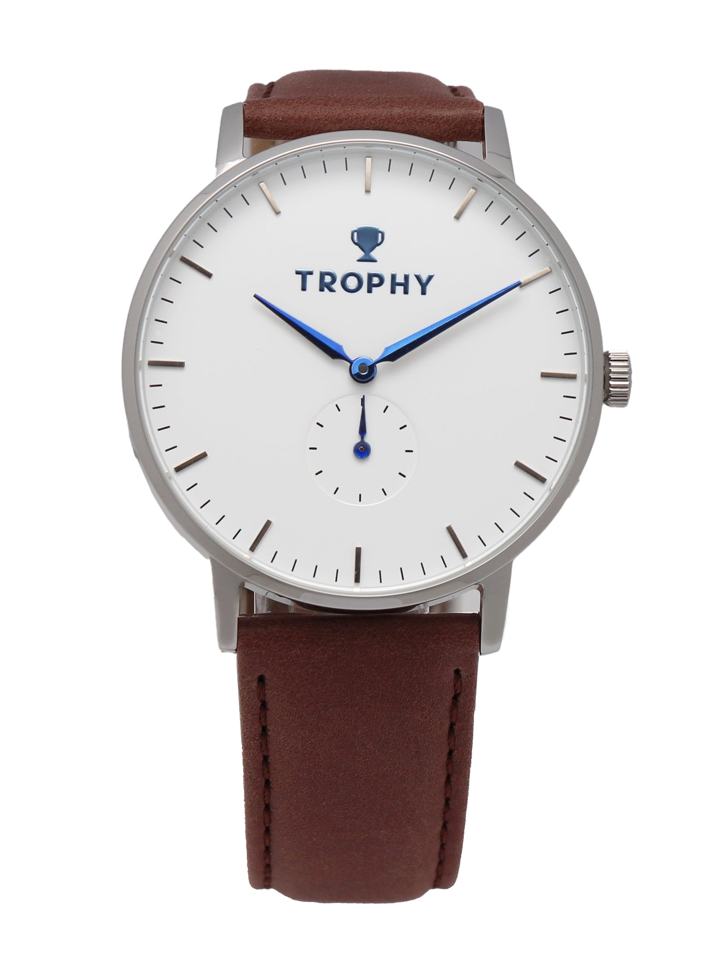 A stylish watch with a white dial, blue hands, and a brown suede band, with the brand name TROPHY visible.