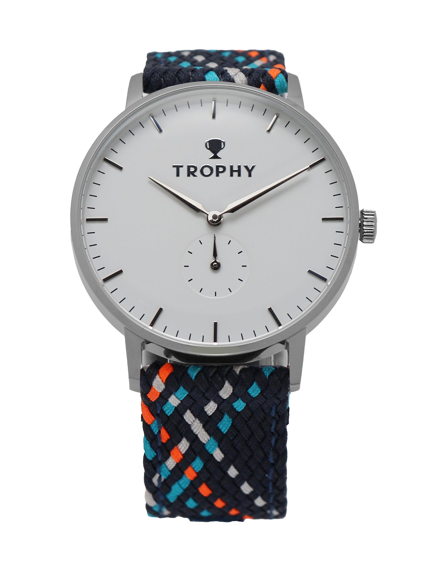 Trophy Watch Company | 40mm STERLING PERLON: The Sterling combines a silver-white dial and black and grey woven perlon strap for a look that’s crisp, neutral, and refined. Its polished 40mm stainless steel case keeps a slim profile, making it effortlessly