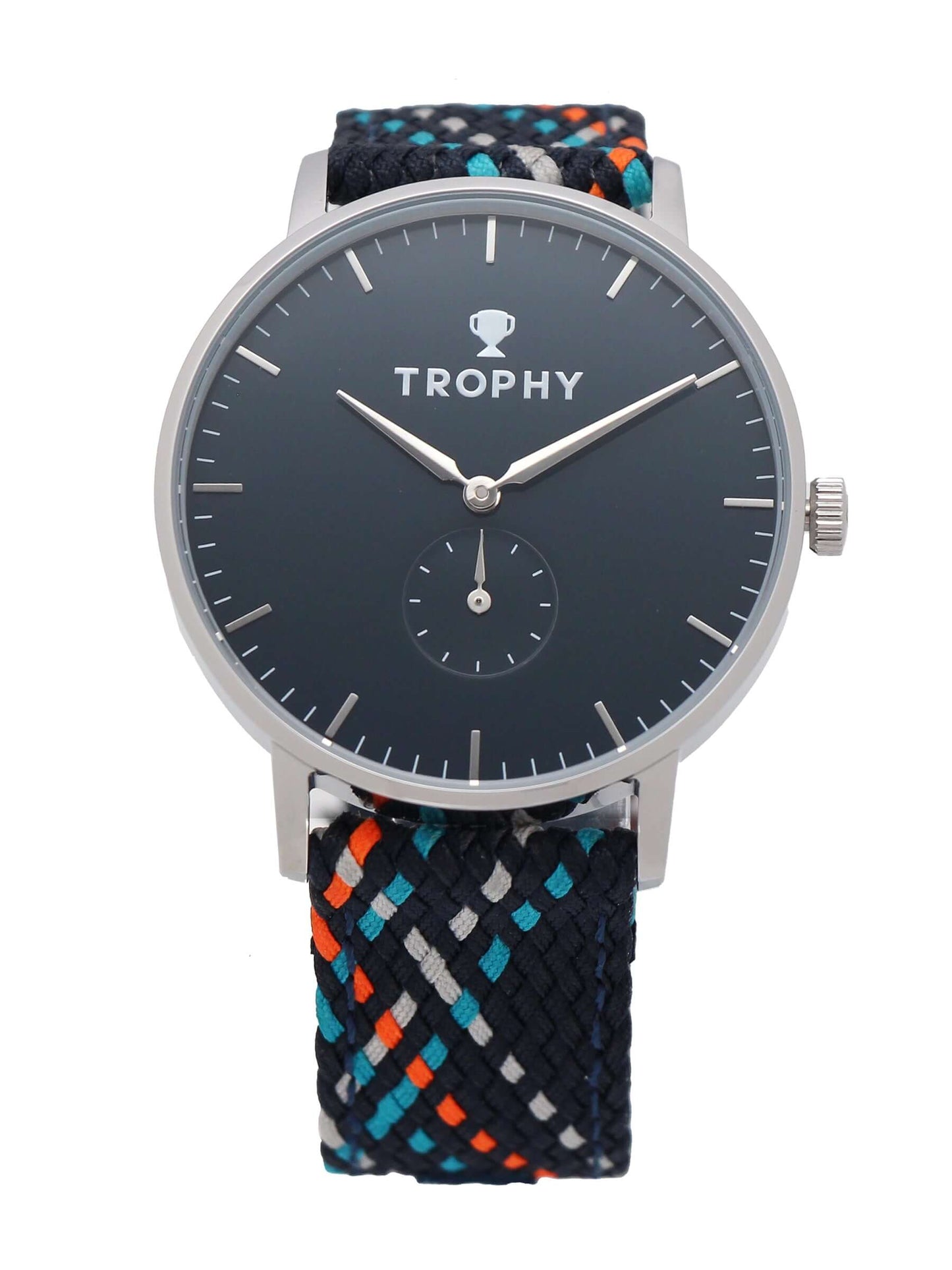 Trophy Watch Company | 40mm EMBERLINE PERLON: The Emerline Perlon brings an air of sporty sophisticaion to anyone who wears it. Truly unique in design and appearance, this watch makes a strong statement. The perlon strap has cords of navy blue, grey, teal