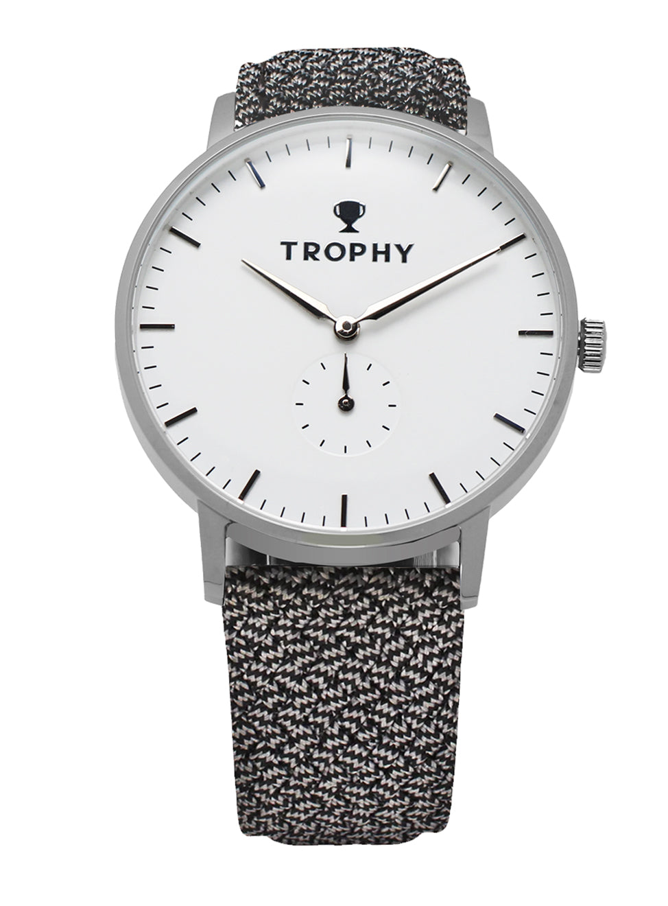 Trophy Watch Company | 40mm STERLING PERLON: The Sterling combines a silver-white dial and black and grey woven perlon strap for a look that’s crisp, neutral, and refined. Its polished 40mm stainless steel case keeps a slim profile, making it effortlessly