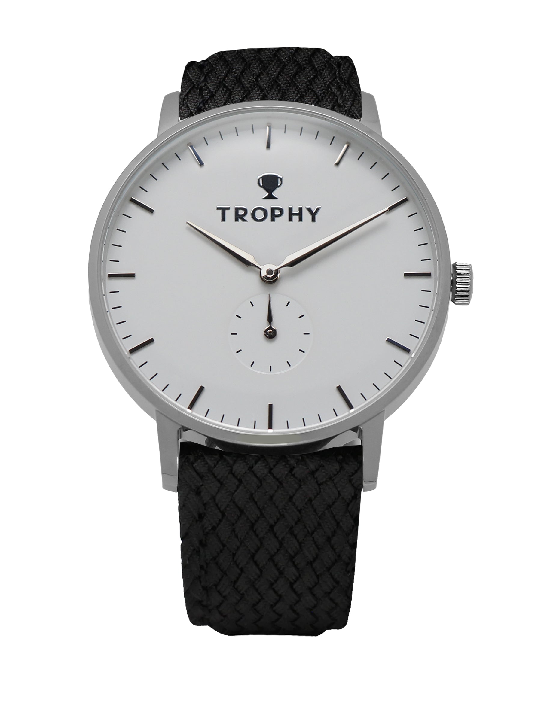 Trophy Watch Company | 40mm STERLING PERLON: The Sterling combines a silver-white dial and black and grey woven perlon strap for a look that’s crisp, neutral, and refined. Its polished 40mm stainless steel case keeps a slim profile, making it effortlessly