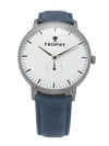 Trophy Watch Company | 40mm STERLING PERLON: The Sterling combines a silver-white dial and black and grey woven perlon strap for a look that’s crisp, neutral, and refined. Its polished 40mm stainless steel case keeps a slim profile, making it effortlessly
